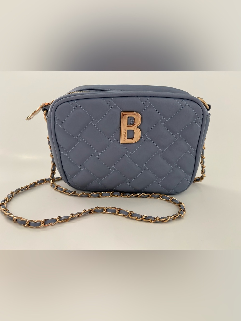 Bebe small light blue vegan leather quilted crossbody bag long chain strap